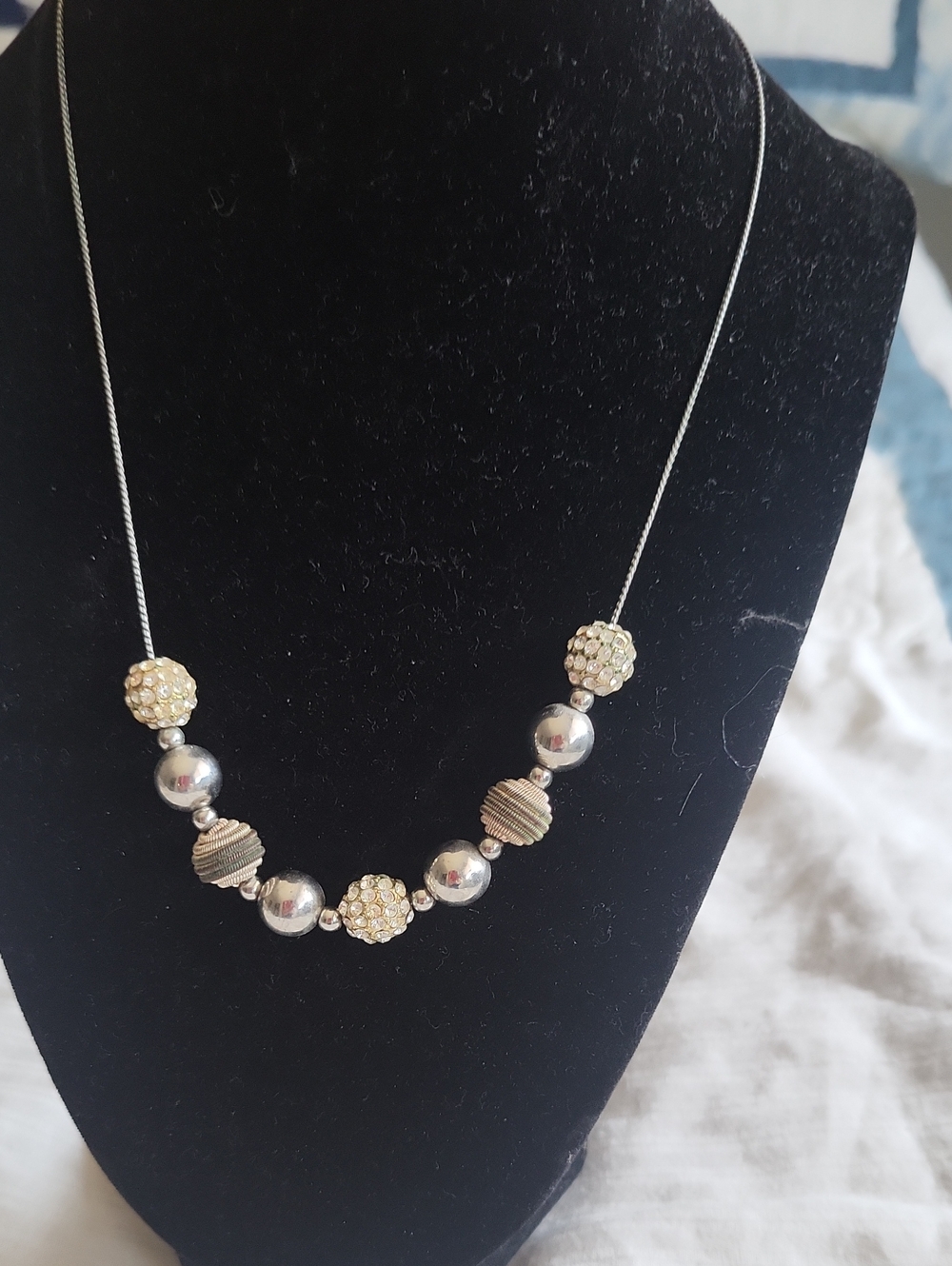 Silver-tone Beaded Necklace with Cream Rhinestone Accents